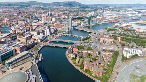 High angle view of buildings in city