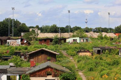 High angle view of buildings in city