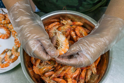 High angle view of prawns in plate