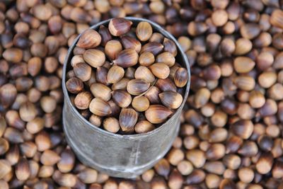 High angle view of coffee beans in container