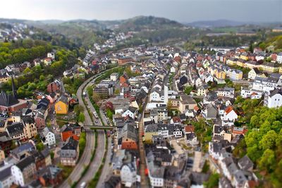 High angle view of houses in town