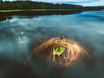 High angle view of wire wool in lake