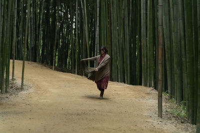 View of a dancing woman in the bamboo forest