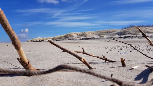 Close-up of sand dune in desert against sky