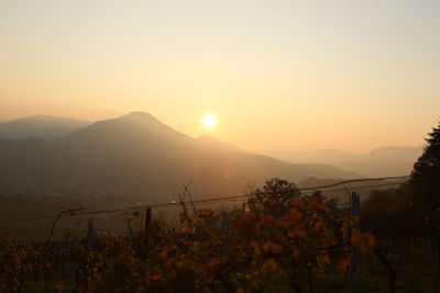 Scenic view of mountains against sky during sunset