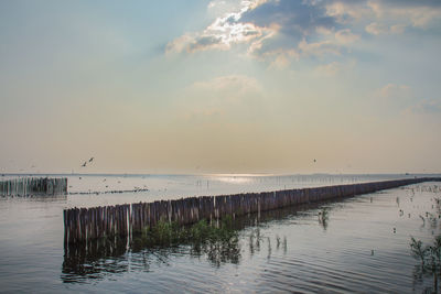 Pier over sea against sky during sunset