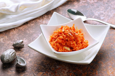 High angle view of food in plate on table