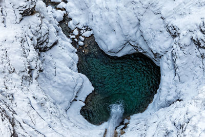 High angle view of waterfall during winter