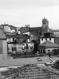 High angle view of old buildings against sky