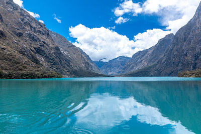 Scenic view of lake and mountains against sky