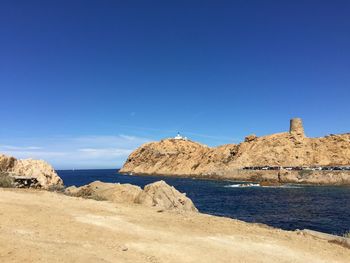 Scenic view of sea against clear blue sky