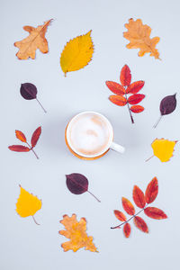 High angle view of orange leaves on table