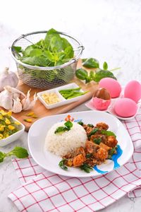 High angle view of meal served on table