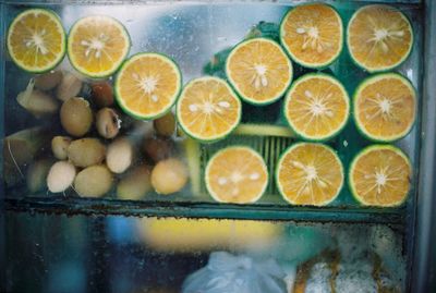 Sliced citrus fruits behind transparent surface