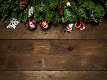 High angle view of christmas decorations on table