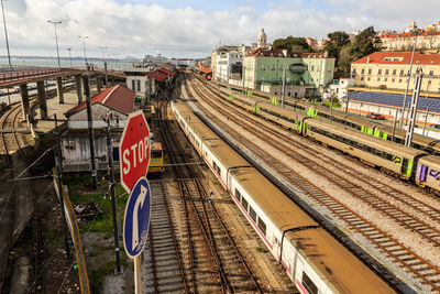 High angle view of train on railroad tracks against sky