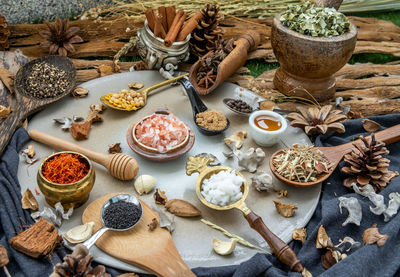 High angle view of spices on table