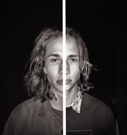 Montage portrait of man with long hair against black background