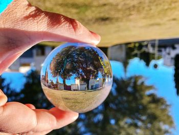 Close-up of hand holding crystal ball with reflection of trees