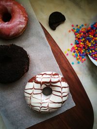 High angle view of donuts on table