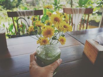 Midsection of person holding yellow flowers on table