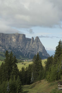 Scenic view of mountains against cloudy sky