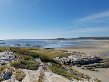 Scenic view of beach against clear blue sky