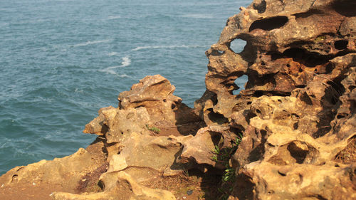 Close-up of rocks on beach against sky