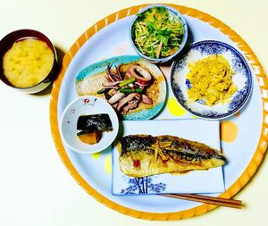 High angle view of food in plate