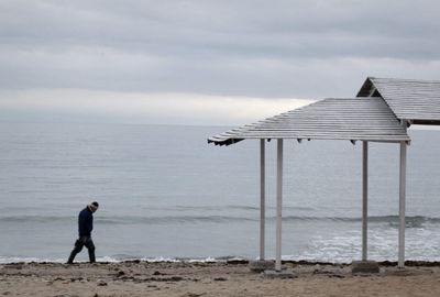 Rear view of man on beach against sky