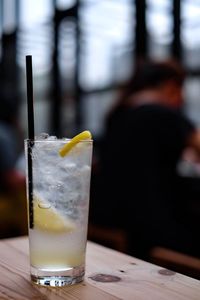 Close-up of beer glass on table