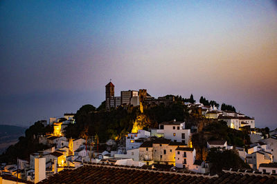 High angle view of townscape against sky at sunset