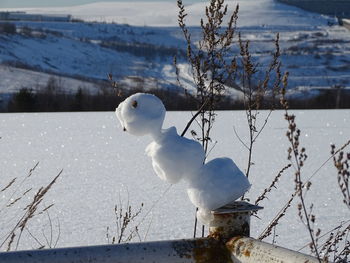 Snowman on frozen lake