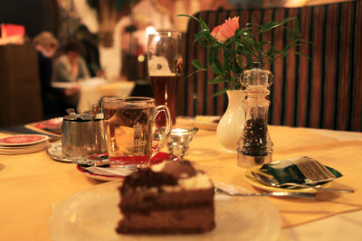 Dessert and drink on table served in restaurant
