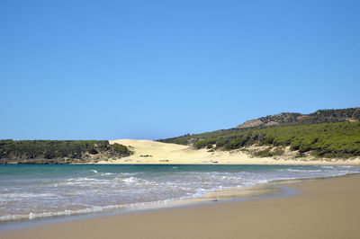 Scenic view of sea against clear blue sky