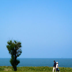 Rear view of man standing by sea against clear sky