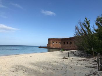 Built structure on beach by sea against sky