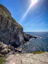 Rock cove in sea against sky