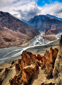 Scenic view of mountains against cloudy sky