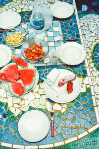 High angle view of breakfast on table