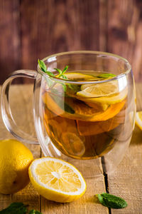 Close-up of tea in glass on table