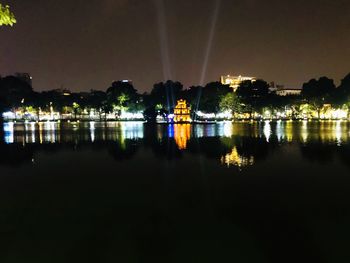 Reflection of illuminated buildings in lake at night