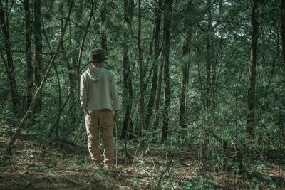 Rear view of man standing in forest