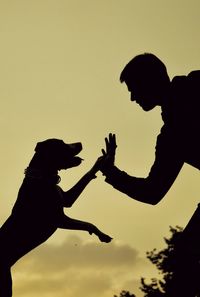 Silhouette young man giving high-five to dog while standing against sky during sunset