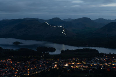 Aerial view of illuminated city against sky at night