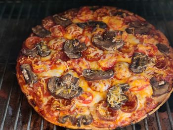 High angle view of pizza on table