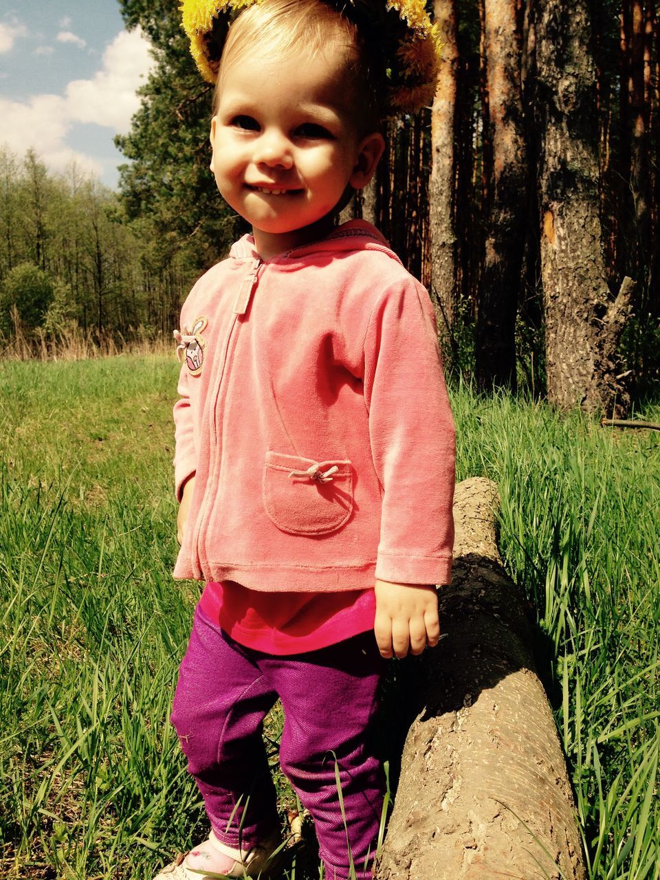 person, casual clothing, lifestyles, grass, looking at camera, leisure activity, portrait, front view, childhood, elementary age, standing, full length, three quarter length, smiling, field, tree, happiness, cute