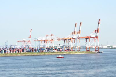 Ship on sea against clear sky