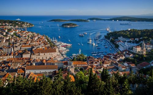 High angle view of town by sea