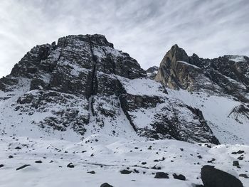 Scenic view of snow covered mountains against sky